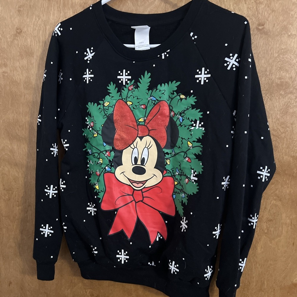 Disney‎ Minnie Mouse Ugly Christmas Sweatshirt Womens Jr Small Black No Lights